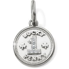 Recalling the childhood delight of finding a shiny penny on the ground, this symbol of good luck and prosperity brings joy! - Width: 3/4" - Height: 7/8" - Material: Swarovski Crystal - Finish: Silver Plated - Type: Tokens - Compatible With: All charm necklace and bracelet holders. We have a double coating of lacquer finish on all of our jewelry items so all you need is just a few tips to keep your jewelry looking good from season to season. - To keep it clean, just wipe down your piece with a dr Good Luck Coin-shaped Amulet Jewelry, Good Luck Coin Shaped Amulet Jewelry, Good Luck Coin Amulet Jewelry, Spiritual Coin Jewelry For Good Luck, Symbolic Coin Jewelry For Good Luck, Symbolic Good Luck Jewelry With Coin Pendant, Silver Symbolic Good Luck Charms, Silver Good Luck Symbolic Charms, Nickel-free Amulet Jewelry For Good Luck