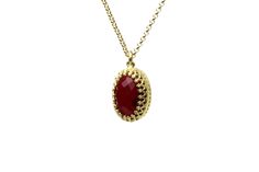 "Vibrance and intricacy come together in this elegant Garnet pendant necklace. A handcrafted gem necklace masterpiece you can flaunt everyday. This piece from our collection of birthstone necklaces will be an ideal gift for a January-born lady. ♥ Gemstone Type - Garnet (Lab Created) ♥ Gemstone Size - 10x14mm ♥ Gemstone Cut - Oval - More options available in the drop down menu ♥ Metal Type (Main Photo) - 14k Gold Filled - More options available in the drop down menu ♥ Length (Model Photo) - 45cm/ Oval Pendant Necklaces With Cabochon For Wedding, Gold Oval Pendant Necklaces With Cabochon, Gold Necklaces With Oval Pendant Cabochon, Gold Necklaces With Oval Cabochon Pendant, Oval Pendant Cabochon Necklace For Wedding, Gold Oval Pendant Necklace With Cabochon, Oval Cabochon Pendant Necklace For Weddings, Wedding Necklaces With Oval Cabochon Pendant, Elegant Yellow Gold Oval Cabochon Necklace