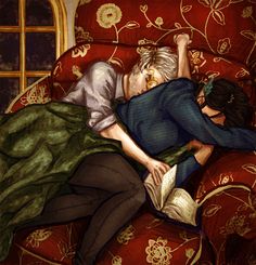 a painting of two people laying on top of a red couch next to each other