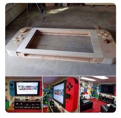 the video game console is made out of plywood and has been built into an entertainment center