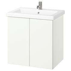 a white cabinet with a sink and faucet on it's side, in front of a white background