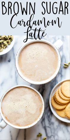 two mugs of brown sugar cardamoon latte on a marble counter top