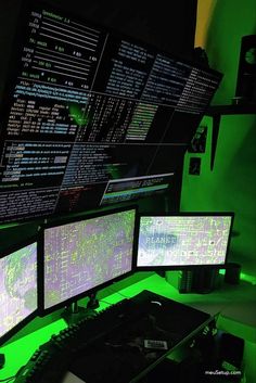 three computer monitors sitting next to each other on top of a desk covered in green lights