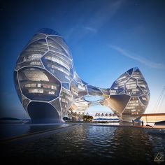 an artistic rendering of a futuristic building on the water