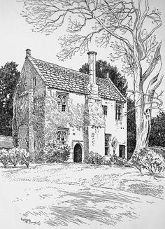 an old house with a tree in the foreground and bushes on the other side