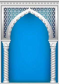 an arch in the middle of a blue background with white columns and arches on each side