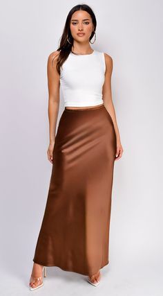 Satin Elasticized waistband A-Line Unlined 98% Polyester, 2% Spandex Model's height: 5'6" Model is wearing size S Brown Silk Dress, Brown Silk, Dresses Backless, Satin Slip, Ruched Dress, Bandage Dress, Silk Dress, Plus Size Dresses, Backless Dress