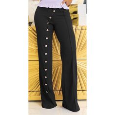 Black Button Detail Straight Leg Flare Pants Luxury Black Flare Jeans With Pockets, Luxury Black Flare Bottoms, Luxury Black Flare Pants, Non-stretch Black Bottoms With Button Closure, Black Full-length Pants With Button Closure, Black Button, Button Detail, Flare Pants, Bottoms Pants