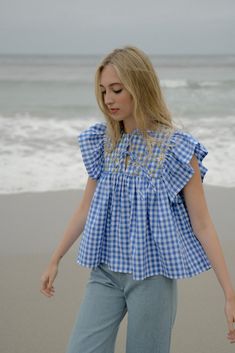 Blue Anemone, 70s Plaid, Gingham Blouse, Mode Crochet, Gingham Tops, Boho Blouse, Sustainable Brand