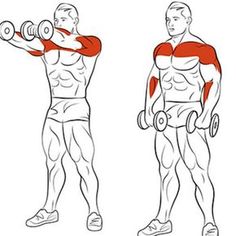 a man doing exercises with dumbbells in three different positions, front and back view