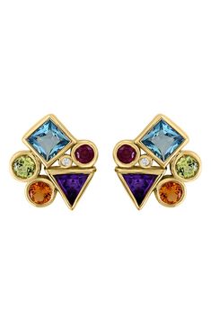 Easy-to-wear stud earrings will add significant polish to even your most casual ensembles. 0.42"W x 0.48"L Total stone weight: 1.65ct. Total diamond weight: 0.01ct. Color: H–I Clarity: I2 14k gold/amethyst/blue topaz/citrine/rhodolite/peridot/diamond Made in the USA Diamond Guide Modern Multi-stone Yellow Gold Earrings, Yellow Gold Multi-stone Earrings For Anniversary, 14k Gold Multi-stone Earrings For Anniversary, Modern Yellow Gold Multi-stone Earrings, Formal Multi-stone 14k Gold Earrings, Formal 14k Gold Multi-stone Earrings, Exquisite Multi-stone Gold Earrings, Sapphire Multi-stone Earrings Fine Jewelry, Exquisite Yellow Gold Multi-stone Earrings