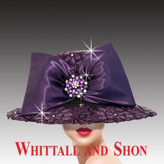 This elegant flat crown hat features a luxurious 5" brim, delicately framed with intricate hand-beaded lace. The same exquisite lace envelops the entire crown, giving it a regal touch. The hat's striking silhouette is further enhanced by the lavish front bow adorned with a jewel-encrusted floral brooch. The bold yet graceful design blends elegance and femininity. Hand Beaded Lace, Elegant Flats, Crown Hat, Fancy Hats, Beaded Lace, Lace, Hats, Floral