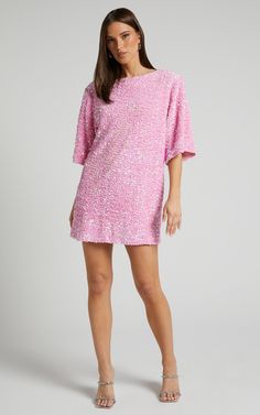 Valetta Mini Dress - Sequin low back shift dress in Pink Sequin Spring Sequin Dress With Contrast Sequin And Short Sleeves, Spring Sequin Dress With Contrast And Short Sleeves, Spring Pink Mini Dress With Contrast Sequin, Pink Contrast Sequin Mini Dress For Holidays, Spring Embellished Short Sleeve Sequin Dress, Summer Dresses With Contrast Sequin And Short Sleeves, Summer Mini Dress With Contrast Sequin And Short Sleeve, Spring Embellished Sequin Dress With Short Sleeves, Summer Evening Mini Dress With Half Sleeves