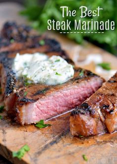 steak marinade on a cutting board with sour cream and parsley in the background