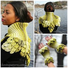 a woman wearing yellow knitted gloves with flowers on the top and bottom of her arm