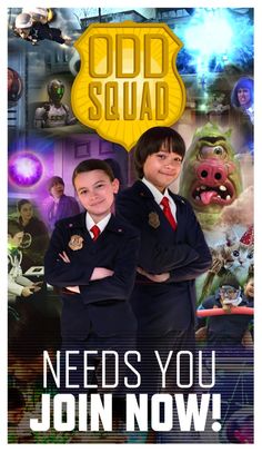 two young boys in school uniforms standing next to each other with the words odd squad