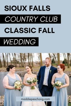 four people standing next to each other with text overlay that reads six pairs of wedding gowns country club classic fall wedding