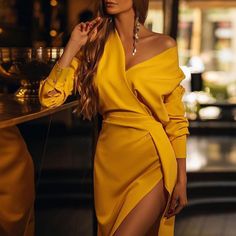 Long Sleeve Women'S Yellow Dress sold by Womens Style. Shop more products from Womens Style on Storenvy, the home of independent small businesses all over the world. Yellow Party Dress, Womens Yellow Dress, Yellow Party, Satin Short, Neck Bodycon Dress, Dress Yellow, Outfits Winter, Fall Skirts, Draped Dress