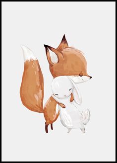 an illustration of a fox and a rabbit hugging each other's butts in front of a white background