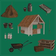 an image of various items that are used to build a shed and farm equipment set up