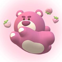 a pink teddy bear floating in the air with other toys around it's neck