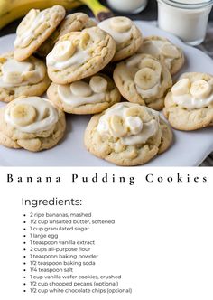 banana pudding cookies with white icing on a plate next to bananas and glass of milk