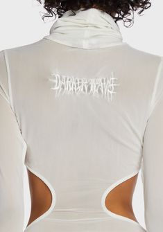 in sheer stretch mesh with cut-out construction all over. Long sleeves with thumbholes, mock neckline, ruched detailing on sides with adjustable drawstring ties, and embroidered logo on back. Sheer White Nylon Tops, White Sheer Nylon Top, Ruched Mini Dress, Cut Out Dress, Mock Neckline, Out Dress, Goth Fashion, White Mini Dress, Dolls Kill