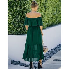 Dark Green Off Shoulder Tie Waist Ruffle Maxi Dress Green Tiered Chiffon Maxi Dress, Flowy Green Midi Dress With Ruffles, Chiffon Maxi Dress With Ruffles For Day Out, Green Off-shoulder Midi Dress With Ruffles, Green Off-shoulder Ruffled Midi Dress, Green Maxi Dress With Ruffle Hem For Day Out, Ruffle Maxi Dress, Maxi Dress Sale, Fashion Bug