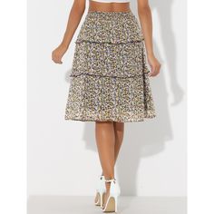 Inspired by a romantic style, this skirt will lend some feminine style to your look. Made of lightweight chiffon, a tiered ruffle hem, midi length, and floral printed patterns overall, it completes a vintage silhouette. This sweet floral skirt is designed with a floaty tiered ruffle hem and a smocked waist. Pair it with flats or heels for a pretty and sweet style. Knee-length Ruffled Skirt For Day Out, Casual Chiffon Tiered Skirt, Casual Chiffon Skirt With Ruffles, Ruffle Skirt Black, Tiered Ruffle Skirt, Vintage Silhouette, Sweet Floral, Sweet Style, Romantic Style