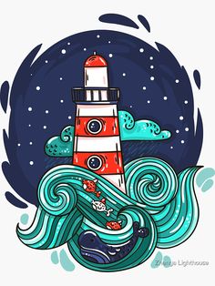 a drawing of a lighthouse with waves in the ocean and stars above it, on a white background