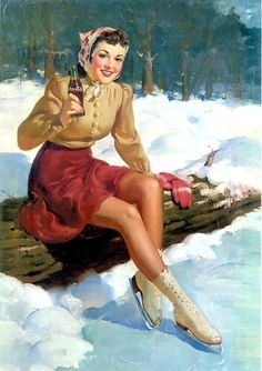 a coca - cola advertisement featuring a woman sitting on a log in the snow holding a cell phone