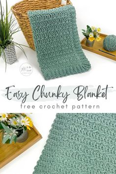 the crochet granny blanket pattern is shown in three different sizes and colors, including green