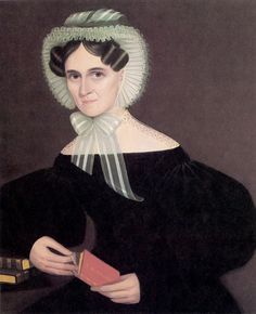 an old painting of a woman in black dress holding a red book and wearing a white bonnet