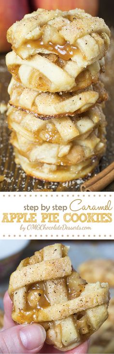 apple pie cookies stacked on top of each other with apples in the background and text overlay