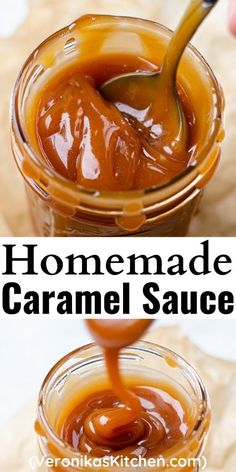 Caramel sauce in a glass jar with a spoon. Carmel Sauce Canning, No Cream Caramel Sauce, Canned Caramel Sauce, Salted Butter Caramel, Easy Caramel Sauce Without Heavy Cream, Caramel Sauce Without Heavy Cream, Caramel Sauce For Apples, Salted Caramel Apple Butter, Caramel Toppings