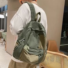 UAKISS - Trendy Cool Canvas Women Backpack Female Leisure Laptop Backpack For College Students Schoolbag Girl Boy Travel Rucksack Bookbag Green Backpack Outfit, Backpack Outfits Women, Backpack Outfits, Bags College, Patchwork Backpack, Korean Fashion School, Canvas Backpack Men, Canvas Backpack Women, Brown Backpack