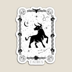 the zodiac sign for taurus is shown in black on a white background with stars and swirls