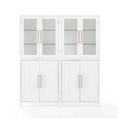 a white bookcase with glass doors and gold handles on the front, against a white background