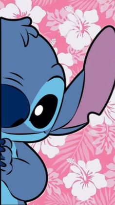 an image of a cartoon character with big eyes and blue hair holding onto a pink flowered background