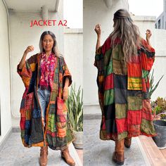 Casual Patchwork Kimono For Fall, Casual Multicolor Patchwork Kimono, Fall Patchwork Long Kimono, Vintage Long Kimono With Patchwork, Long Patchwork Outerwear For Festival, Vintage Long Patchwork Kimono, Long Cotton Patchwork Outerwear, Vintage Multicolor Patchwork Kimono, Multicolor Cotton Patchwork Kimono