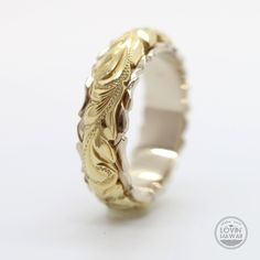 "Hawaii Heritage Classic two tone solid gold ring. Hand engraved with Old English and Wave design, unique wedding ring set his and her. * Handmade with 14K gold. Inner ring width is 6mm-Yellow gold, Outer ring width is 4mm-Yellow Gold. Lovin' Hawaii Jewelry Features ✔ Made to Order. Handmade in Hawaii. ✔ Hand engraved design. ✔ Gold Kt: 14 Karat Solid Gold ✔ Available Gold Color: Rose Gold, Yellow Gold, White Gold ✔ Ready to Ship in 5 Business Days ✔ Free inside message engraving (To personalize Yellow Gold Engraved Ring With Intricate Design For Anniversary, Gold Stackable Rings With Intricate Design For Weddings, Gold Engraved Ring With Intricate Design For Anniversary, Gold Wedding Bands With Engraving Option, Wedding Stackable Rings With Intricate Design In Gold, Wedding Gold Stackable Rings With Intricate Design, Engraved Yellow Gold Jewelry For Marriage, Yellow Gold Ring With Intricate Design For Marriage, White Jewelry With Engraving Option For Wedding