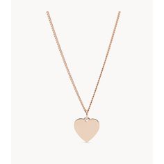 This 18" + 2" curved chain necklace features a heart pendant, rose gold-tone steel and lobster clasp closure. Rose Gold Heart Necklace In Stainless Steel, Rose Gold Heart Necklace With Polished Finish, Tarnish Resistant Heart-shaped Rose Gold Necklace, Rose Gold Heart-shaped Metal Necklace, Rose Gold Heart Charm Necklace, Gold Plated, Heart Rose, Steel Necklace, Stainless Steel Necklace, Fashion Colours