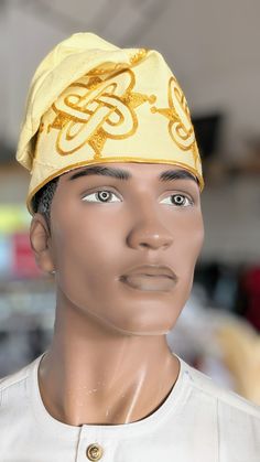 Dupsie's Gbadun Cream Nigerian African Cream and Gold Embroidered Aso Oke Handwoven Fila Kufi Cap Hat DPHACG3 Kufi Cap, African Dashiki Shirt, African Hat, African Tops For Women, African Pants, African Shoes, Yoruba People, African Hats, African Bag