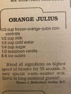 the menu for orange juice is shown in black and white