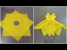 two pictures of yellow and white polka dot fabric, one has a dress on it