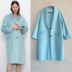 Zara Mint Blue Robins Egg Blue Oversized Wool Trench Coat Pastel Lapels Wool Coat Functional Flap Pockets Back Vent Rounded Lapel Collar Unlined Handmade Wool Or Similar Feel Note: I Think The Previous Owner May Have Had A Stain Removed Near The Top Button On The Left Side As There Is A Light Discoloration, & Slight Change Of Texture In The Area As Shown. Wool Trench Coat, Zara Jackets, Mint Blue, Robins Egg Blue, Wool Coat, Flap Pocket, Trench Coat, Mint, Zara