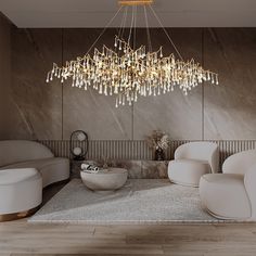 a modern living room with white furniture and chandelier hanging from the ceiling,