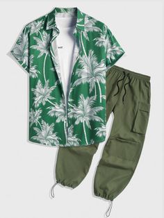 Coconut Tree Printed Shirt And Cargo Pant - Grafton Collection Tropical Green Vacation Sets, Tropical Short Sleeve Sets For Summer, Tropical Short Sleeve Summer Sets, Tropical Green Cotton Bottoms, Tropical Summer Sets With Short Sleeves, Casual Short Sleeve Spring Sets, Casual Cotton Bottoms With Tropical Print, Summer Hawaiian Shirt With Pockets And Relaxed Fit, Casual Palm Tree Print Bottoms For Vacation