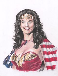 a drawing of a woman dressed as wonder, with an american flag in the background