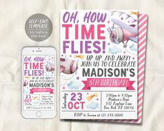 a pink and white birthday party flyer with an iphone